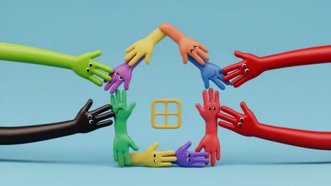 a colorful collaborative home concept featuring animated hands emphasizing unity, diversity, and community, creating a warm welcoming environment for all