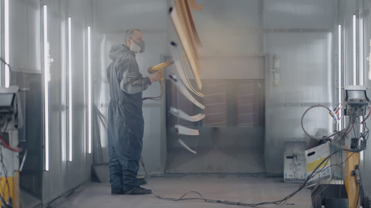 A man in a protective suit and mask painter sprays paint on the parts. Small business painting shop. Workshop for painting parts.