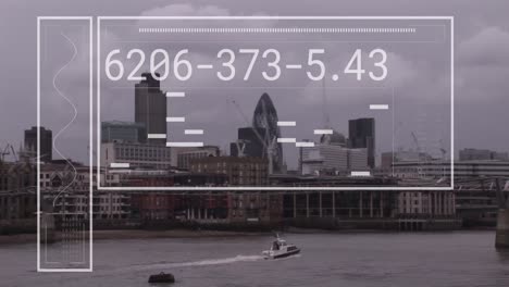 animation of financial data processing over cityscape