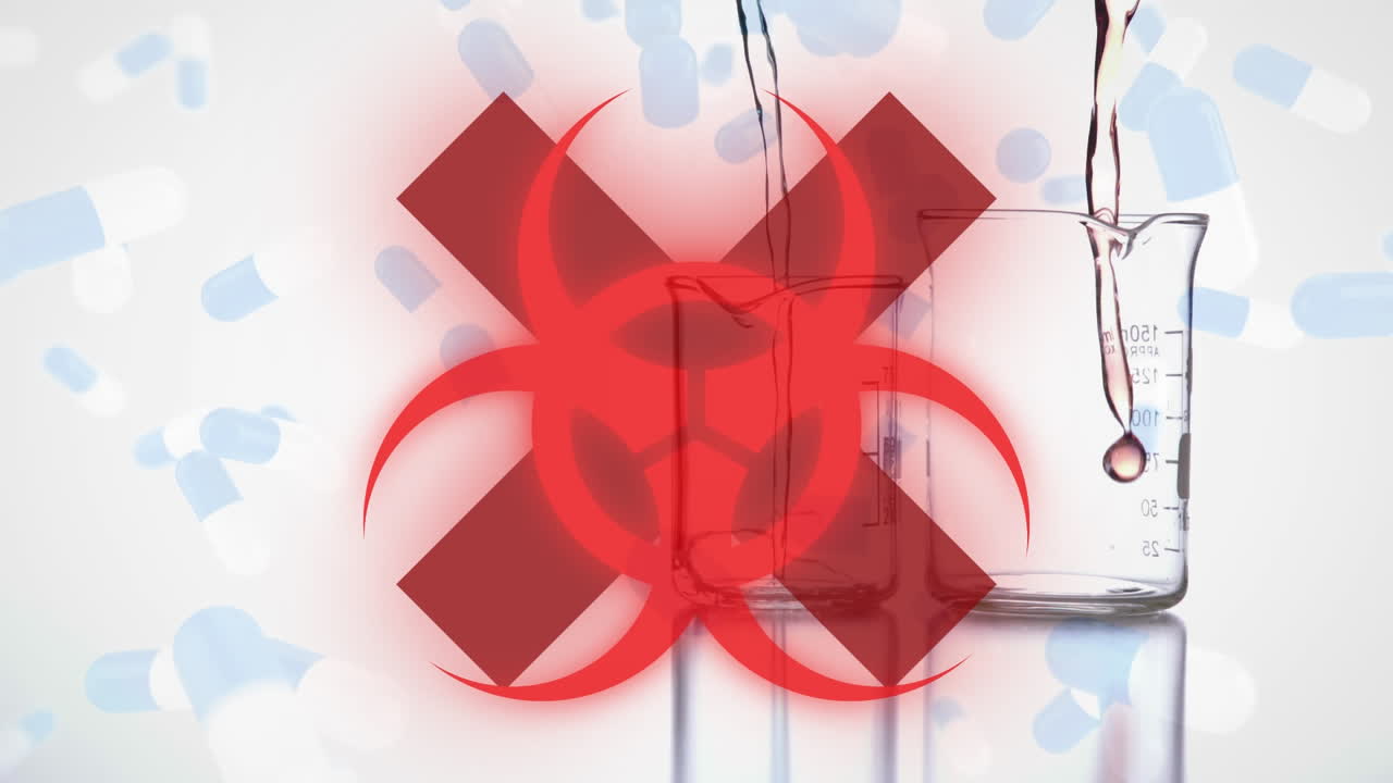 signo de peligro para la salud con líquido que fluye en un vaso con covid-19 que se propaga sobre un fondo blanco