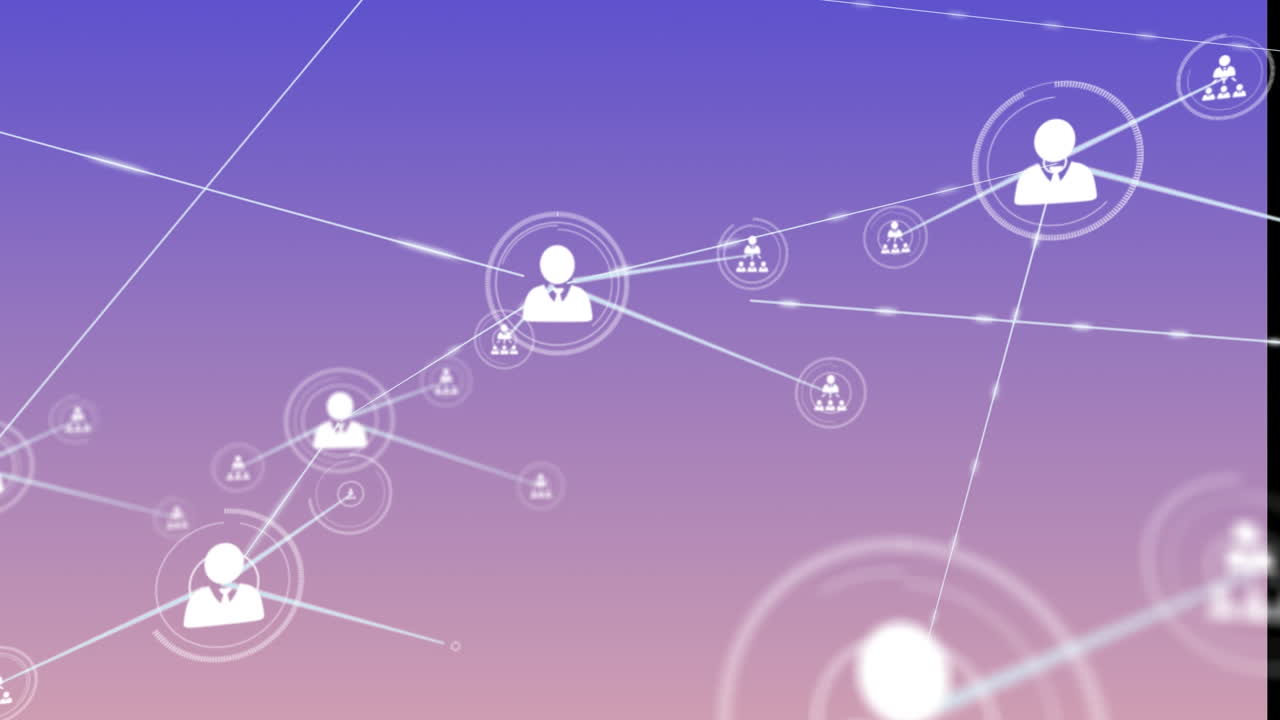 디지털 인간 아이콘의 애니메이션이 다채로운 배경 위에 움직이고 네트워크를 형성합니다.