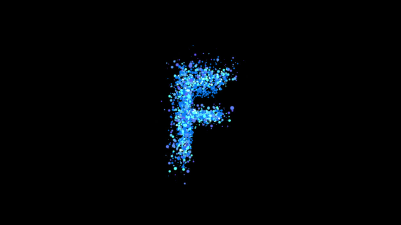 Bolle di particelle blu che formano la lettera F su sfondo trasparente