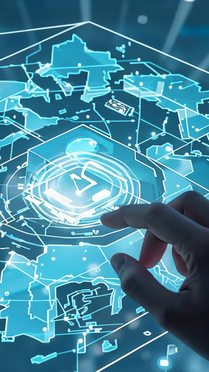 Vertical video: Pressing finger lighting hexagonal icon on holographic map at tabletop, copy space