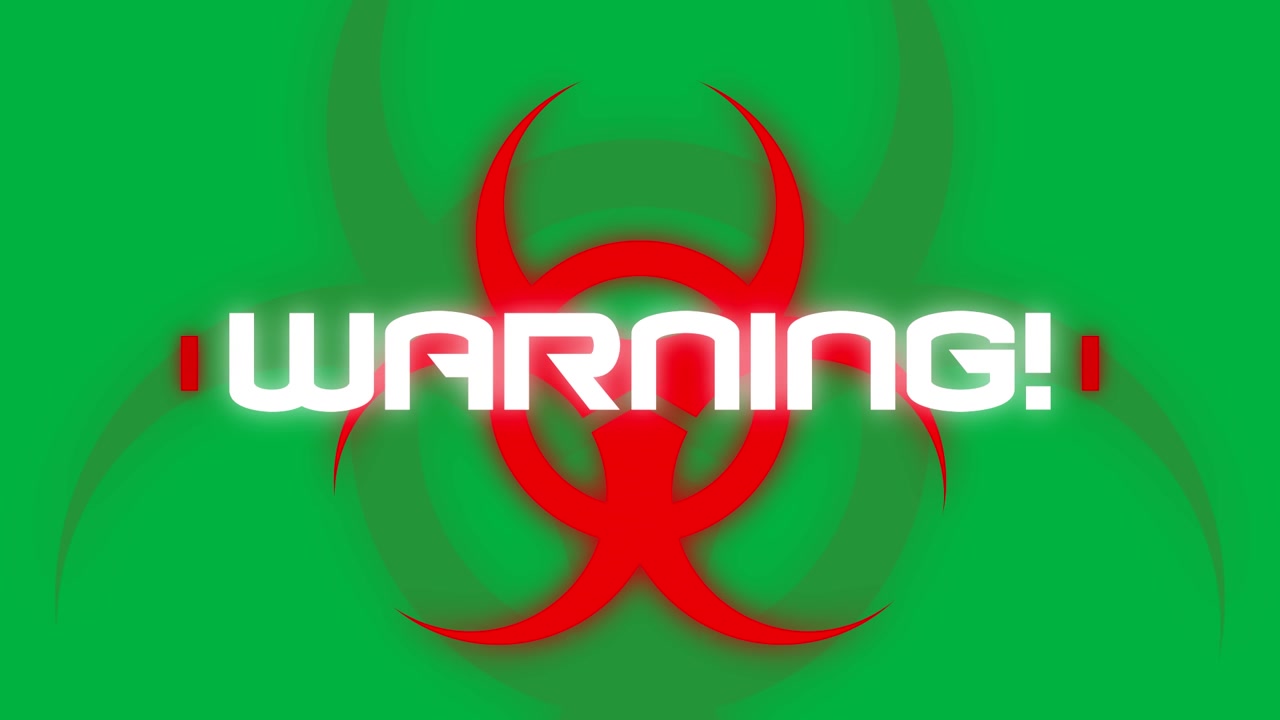 Red symbol WARNING! staying until frame ten then glitching, showing corrupted alert on transparent