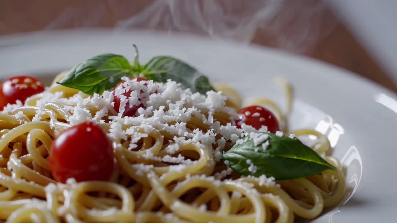 Video ravvicinato di spaghetti fumanti con pomodorini, basilico e formaggio grattugiato, ripreso da un'angolazione bassa