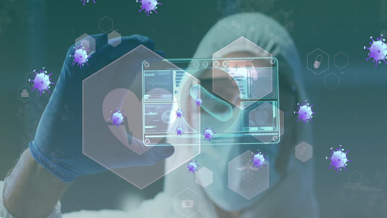 Animation of purple virus cells over caucasian male lab worker with digital card with virus data