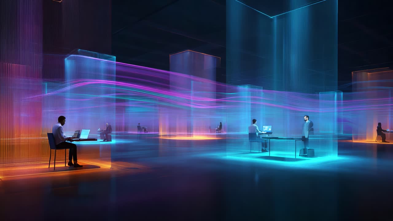 A modern digital workspace showcasing vibrant energy flows and holographic barriers that separate individuals engaged in focused tasks, representing connectivity and technology in a futuristic setting