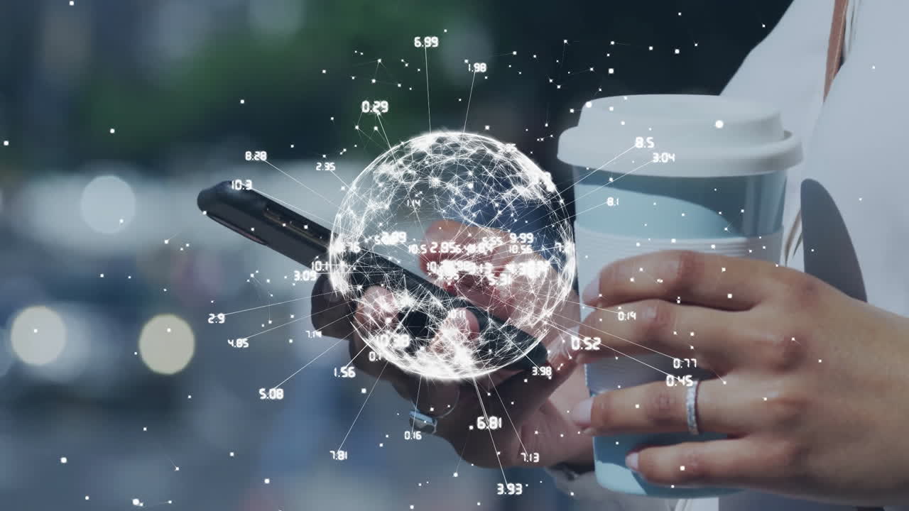 Holding smartphone and coffee cup, person viewing digital globe with animation data