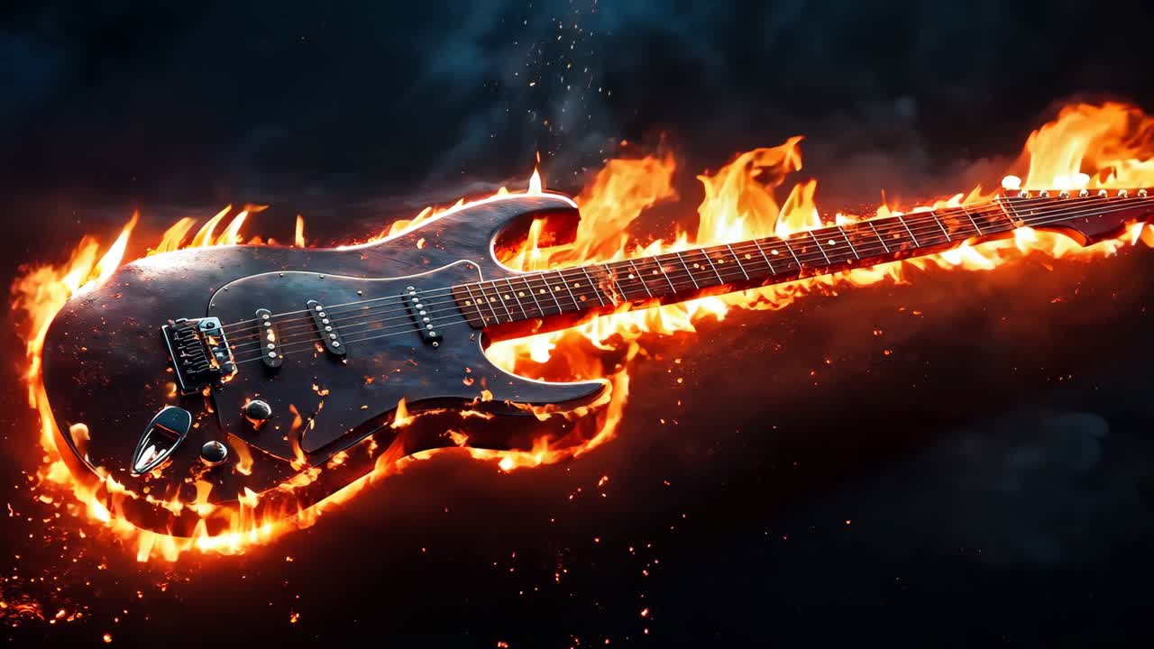A black electric guitar with flames coming out of it