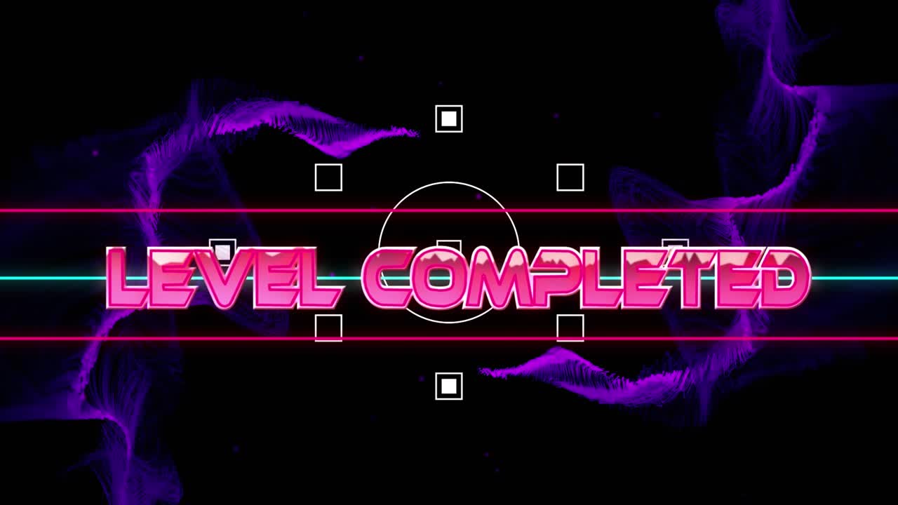 Animation of glitch effect over level completed text banner against purple digital waves