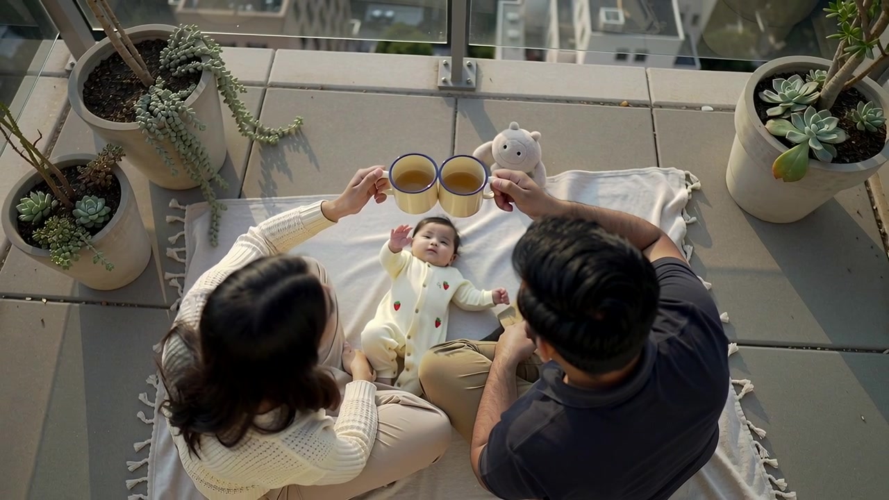 高層マンションのバルコニーの毛布の上で、乾杯しながら座っている親たち。赤ちゃんはマグカップに手を伸ばしている。