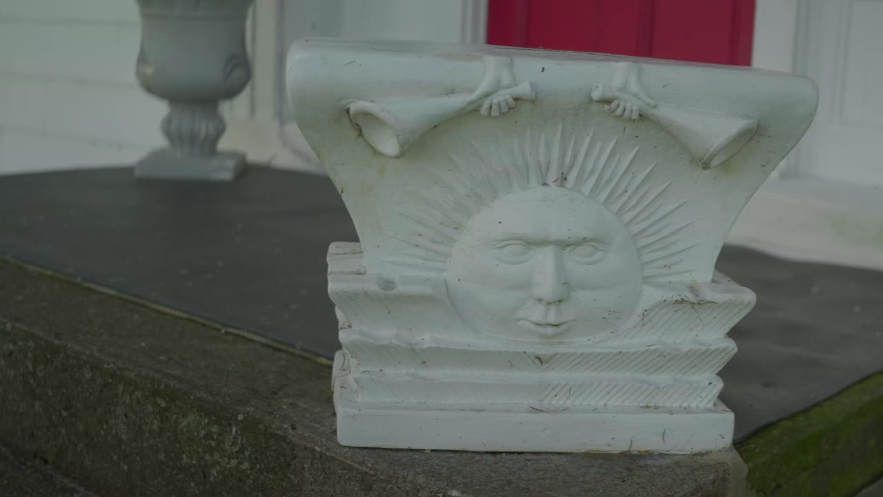 Pull focus to the sunstone on the porch of the Original Historic House of Josiah Stowell friend of Joseph Smith hired him for money or Treasure digging in the early 1820s Mormon Origins