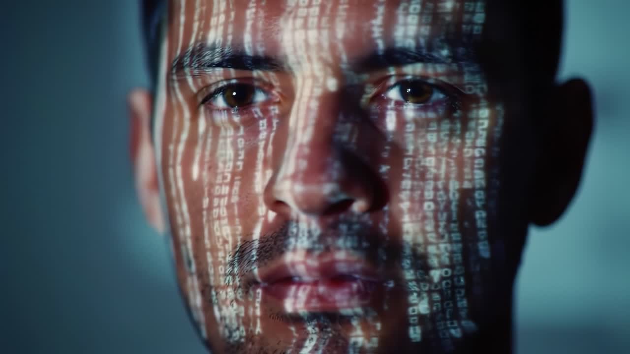 An Introspective Glimpse into the Digital Realm: A Close-Up of a Face Projected with Glowing Code, Capturing the Intersection of Humanity and Technology in a Thought-Provoking Display