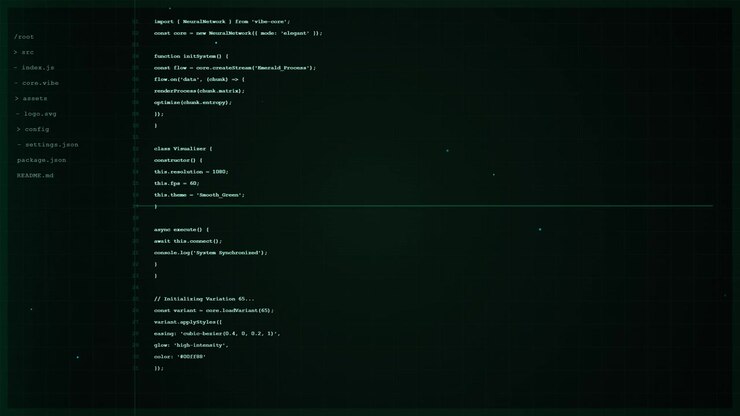 Computercode weergegeven op donker scherm met geanimeerde deeltjes