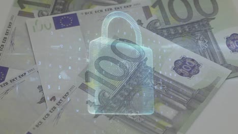 animation of numbers and security padlock over falling euro banknotes