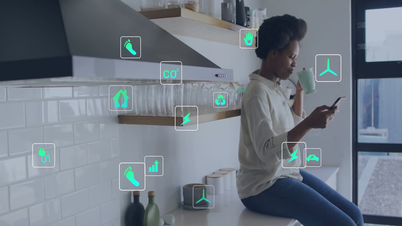 Update sparking icons clustering then spreading, woman sipping mug checking phone tracking energy
