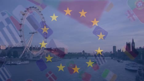 animation of european union flag and national flags over millennium wheel, thames river, big ben