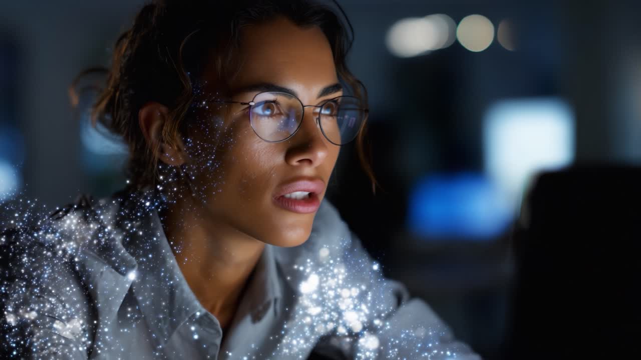 Una giovane donna contemplativa immersa nei suoi pensieri, circondata da un'aura cosmica scintillante, che esemplifica la creatività e l'introspezione in uno spazio di lavoro moderno