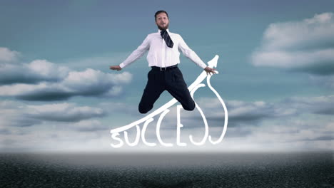 attractive businessman jumping in front of success graphic