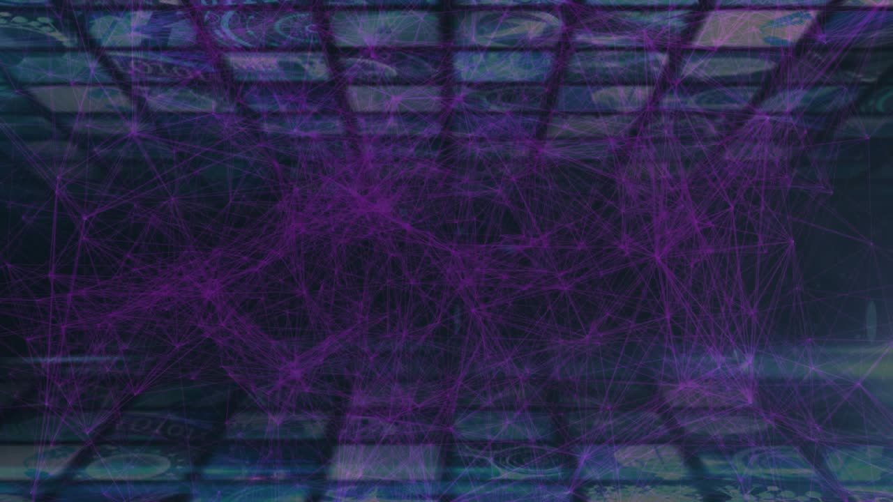 Pulse starting purple strands forming web, pulsing, stretching, fading, showing data in tiled grid