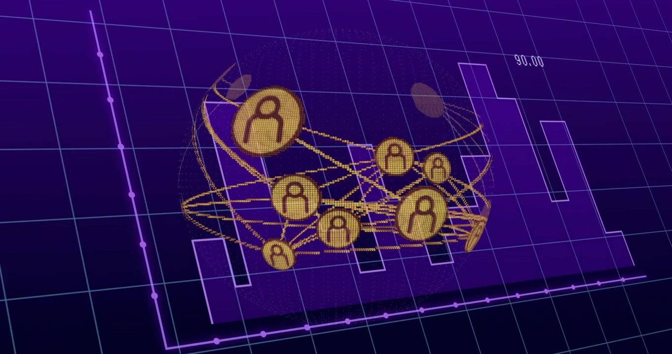 Camera orbiting 3D sphere rotating, gold tokens moving and scaling, revealing links for analytics
