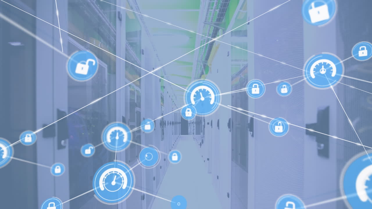 Animation of network of connections with icons over server room