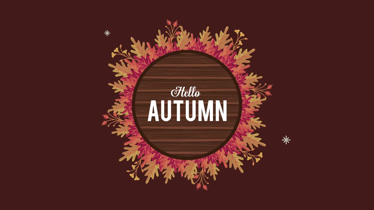 hello autumn lettering with circle frame and leafs around