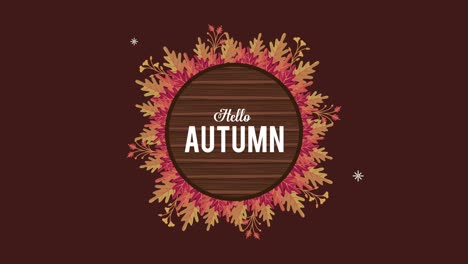 hola letras de otoño con marco circular y hojas alrededor