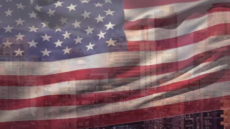 animation of american flag with city behind