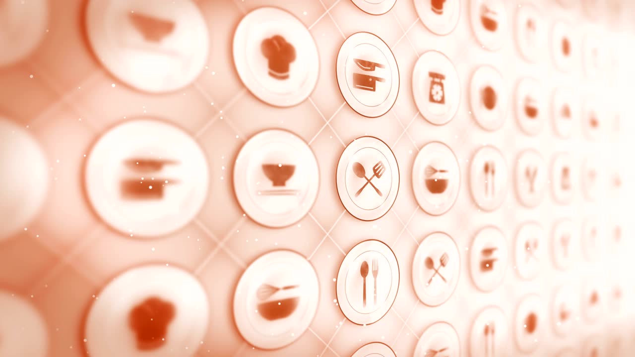 레스토랑 아이콘의 세트, 레스토랑 요리 장비 배경, cg 루프 애니메이션