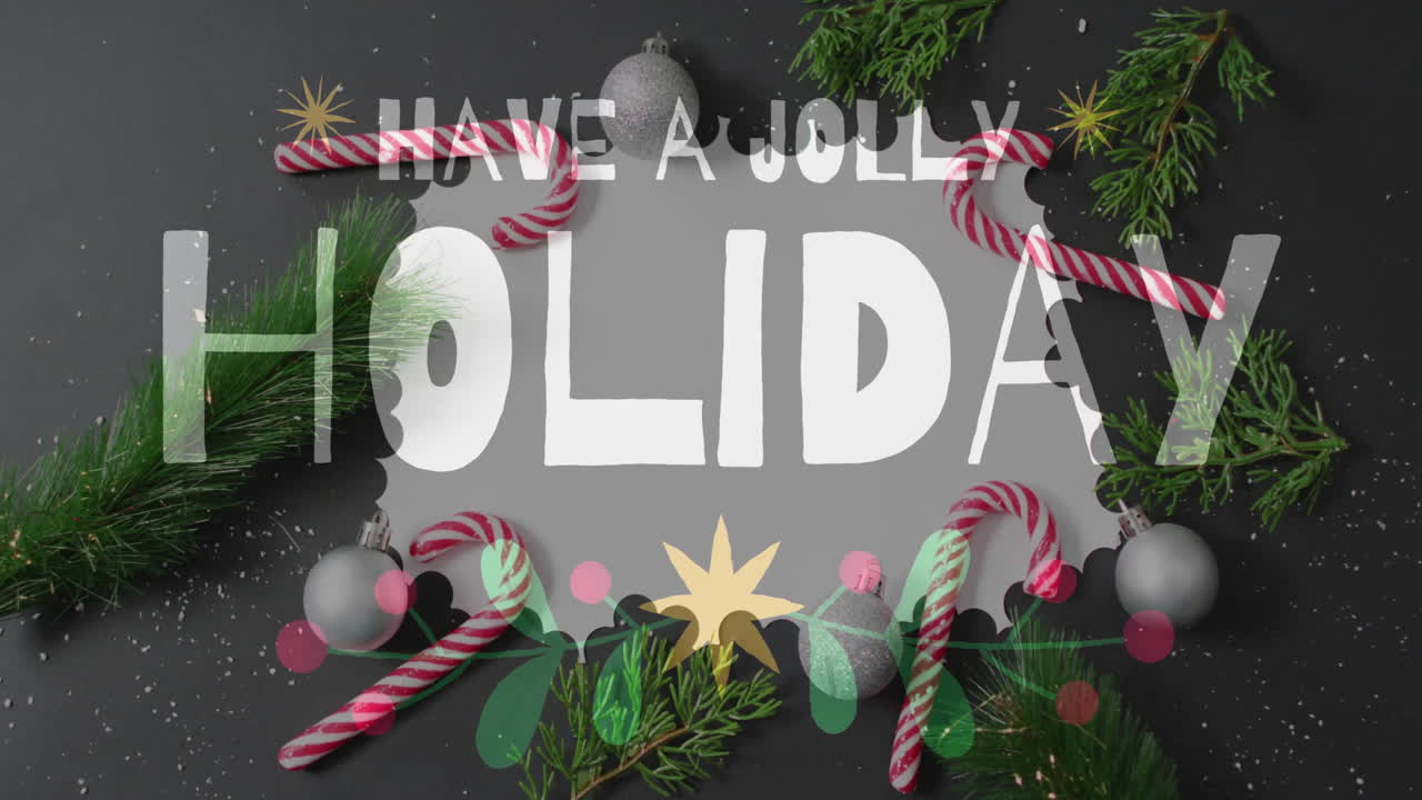 Have jolly holiday text animation over Christmas decorations with candy canes and pine branches