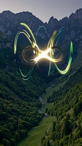 infinity symbol over mountain valley landscape