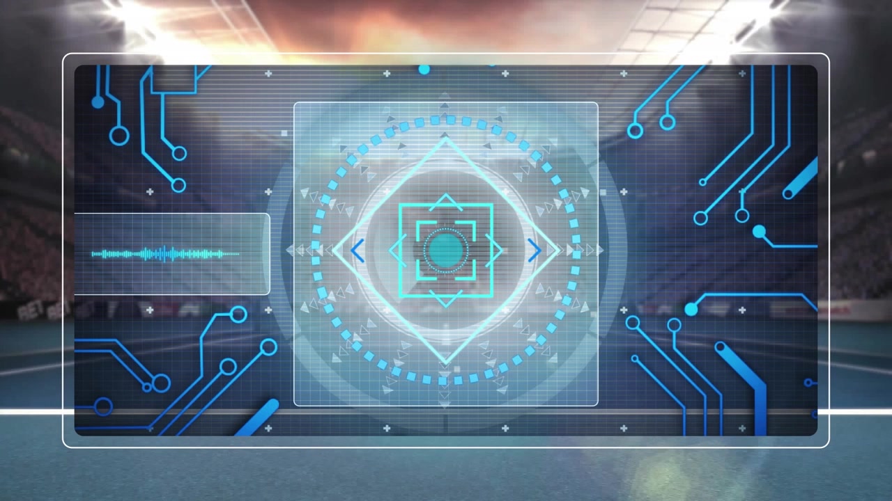Digital animation of purple abstract shapes over multiple round scanners and green digital waves