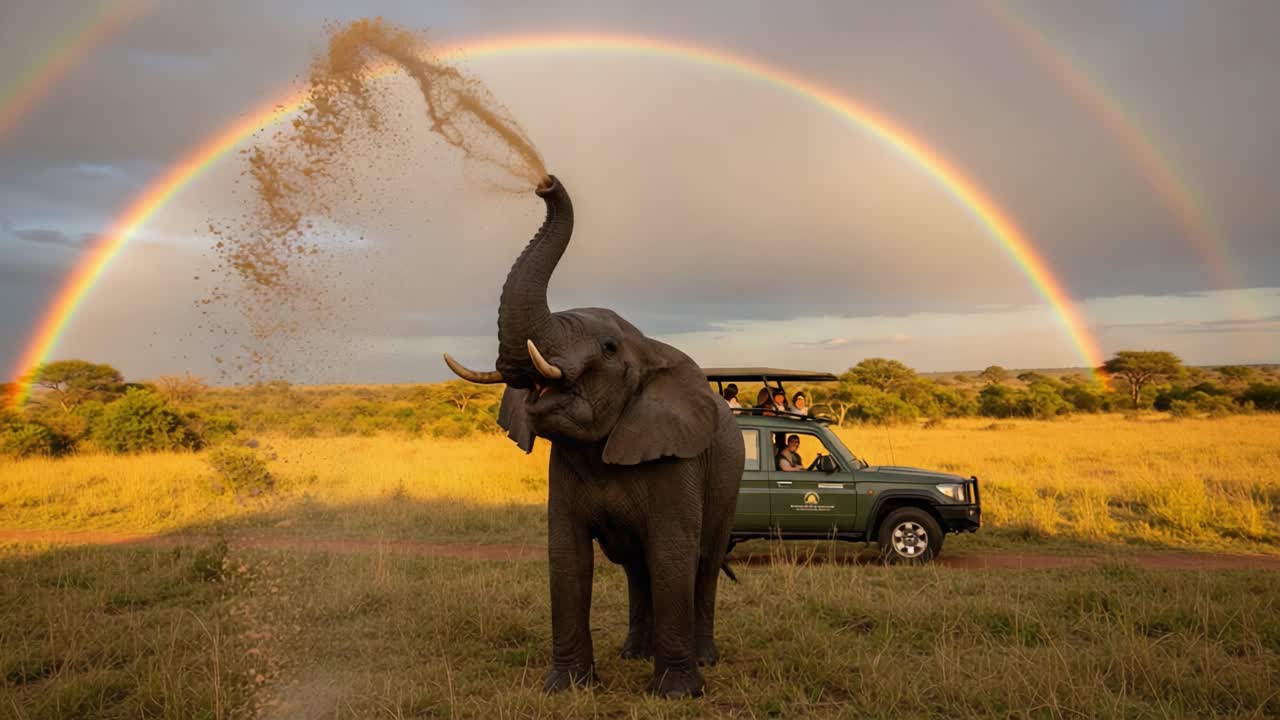 A Majestic Elephant Enjoys Its Natural Habitat Beneath a Vibrant Rainbow, Showcasing the Beauty of Wildlife and Nature in a Splendid Landscape
