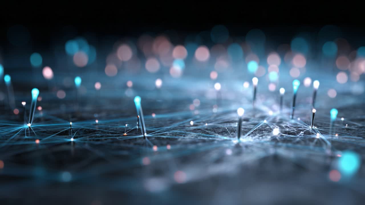 Abstract futuristic technology background showing a network of pulsating nodes and optical fibers, representing data transmission, neural networks, artificial intelligence, and global communication