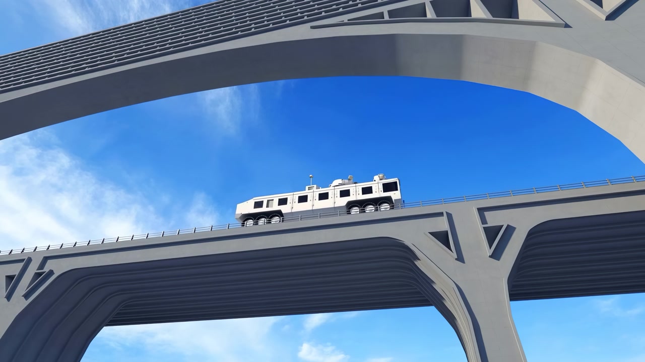 箱型の白い多軸車両が高架道路を安定して走行し、重層的なコンクリートアーチが鮮やかな青空を縁取り、スケール、幾何学、動き、そして現代のインフラを強調している。