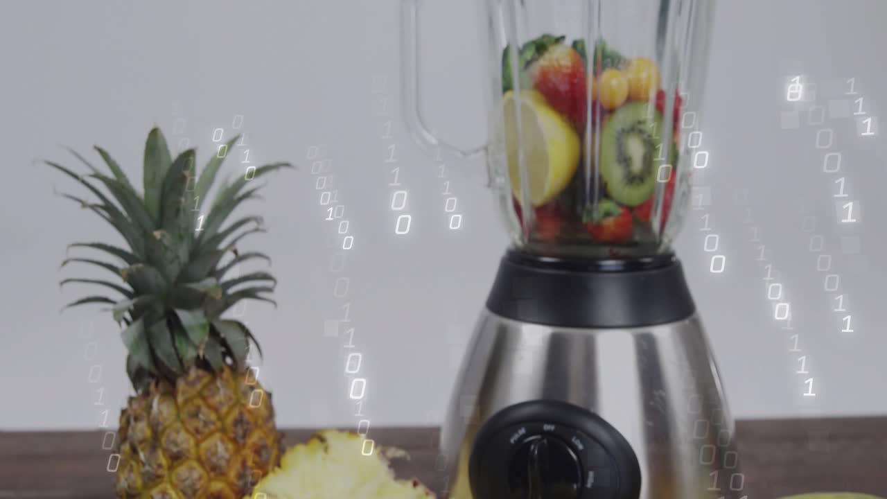 Camera pulling back revealing blender filling with sliced fruit for demo, binary overlay floating