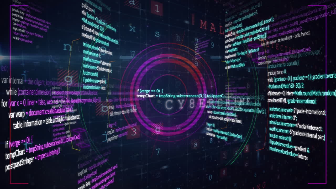 Animation of cube in loading circles and computer language over letters, numbers, texts and symbols