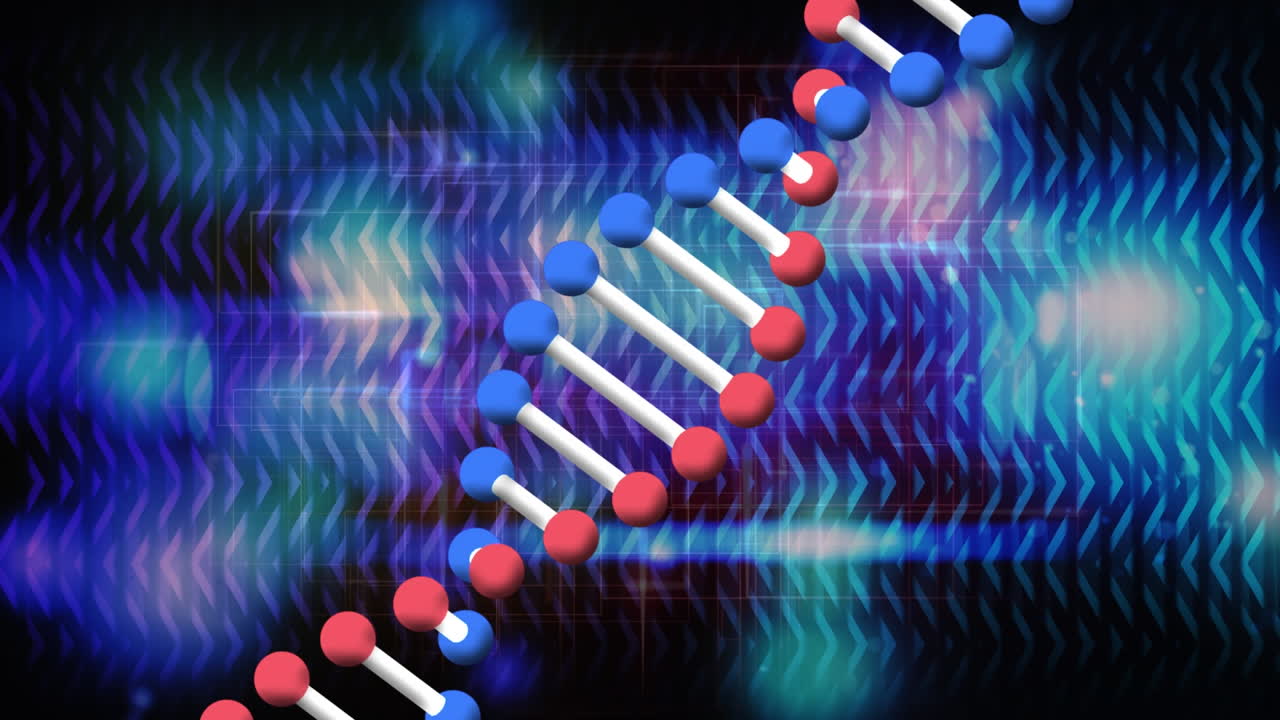 회전하는 dna 가닥과 굴절된 밝은 파란색 빛의 애니메이션
