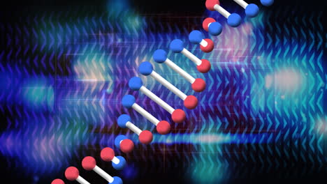 animación de cadenas de adn giratorias y luces azules brillantes refractadas