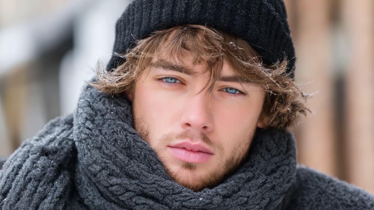 A Charming Young Man in Winter Attire Stands Against a Backdrop of Snowy Landscapes, Exuding Confidence and Style with His Striking Eyes and Cozy Scarf