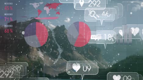 Animation-of-social-media-icons-over-statistics-and-mountains-landscape