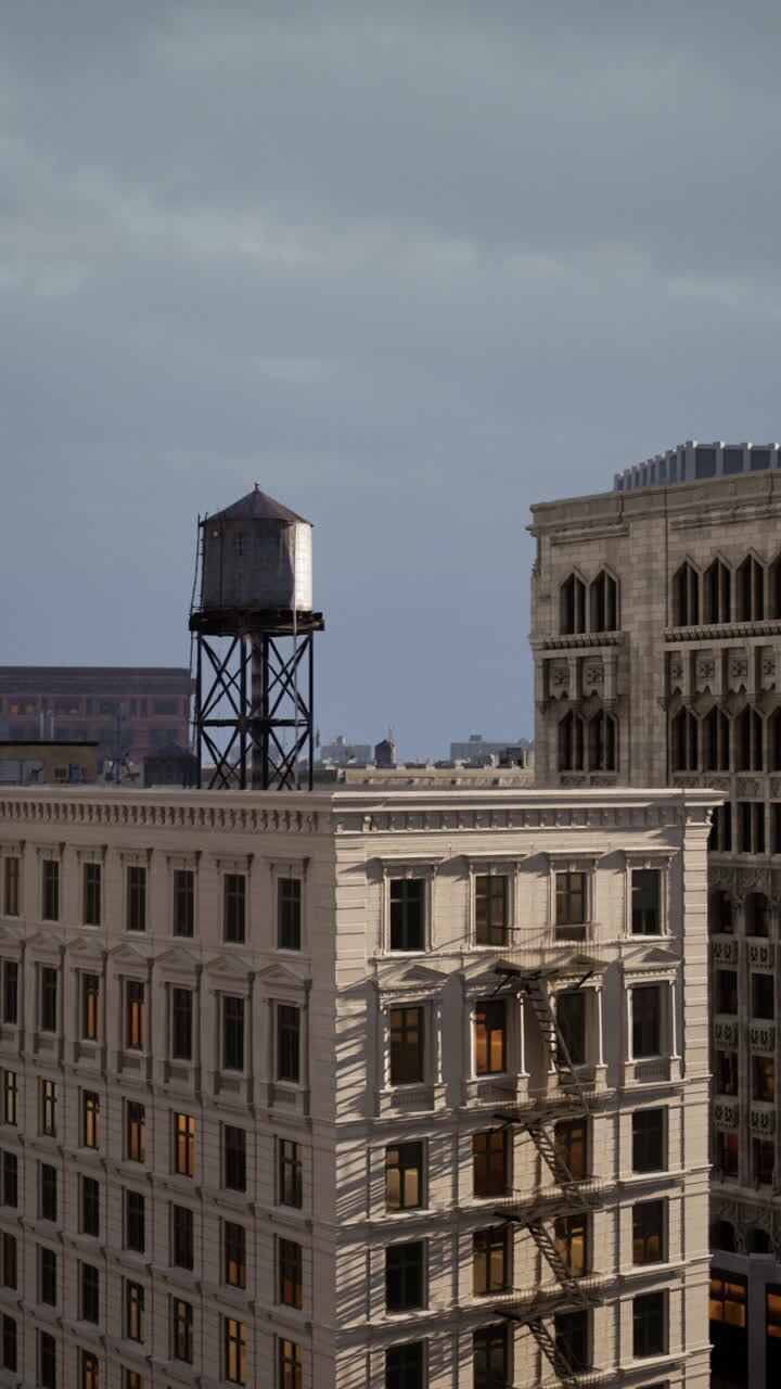 A water tower on a rooftop in a city