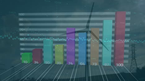 Animation-of-statistics-and-data-processing-over-wind-turbine-in-countryside-background