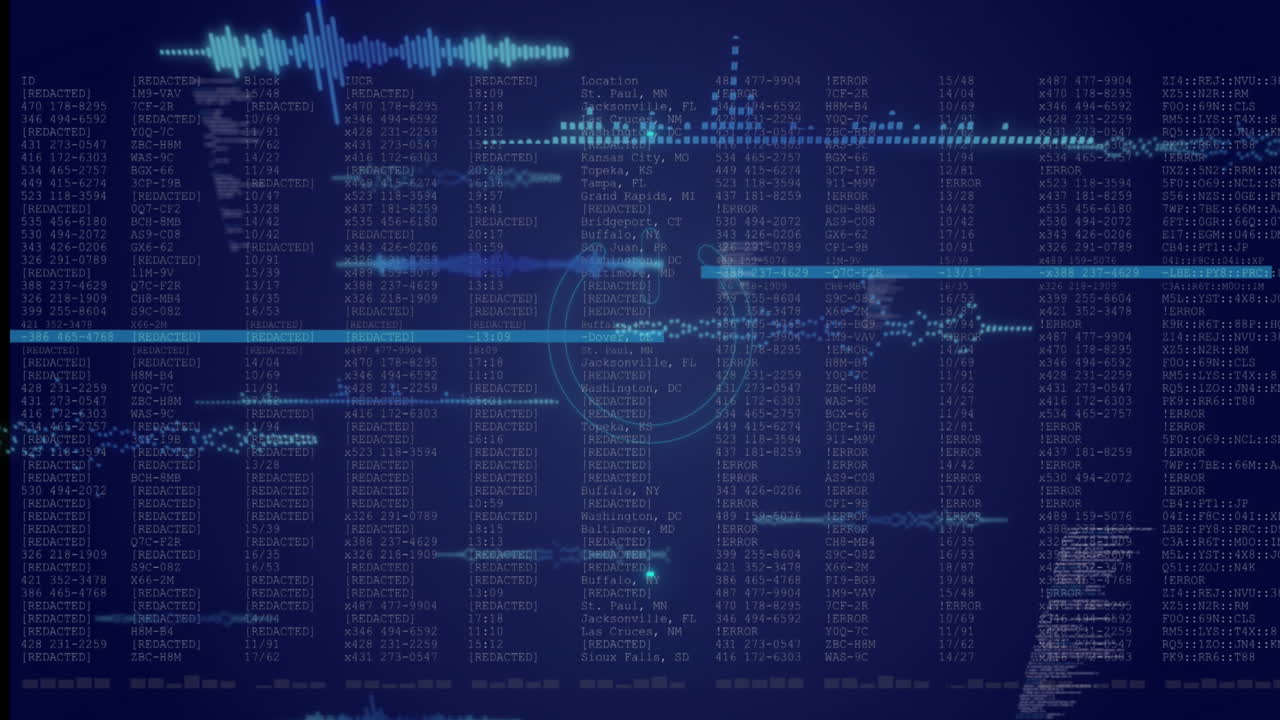 네온 둥근 스캐너의 애니메이션과 파란색 배경의 데이터 처리에 대한 빛의 흔적
