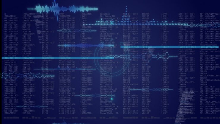 Animation of neon round scanner and light trails over data processing on blue background