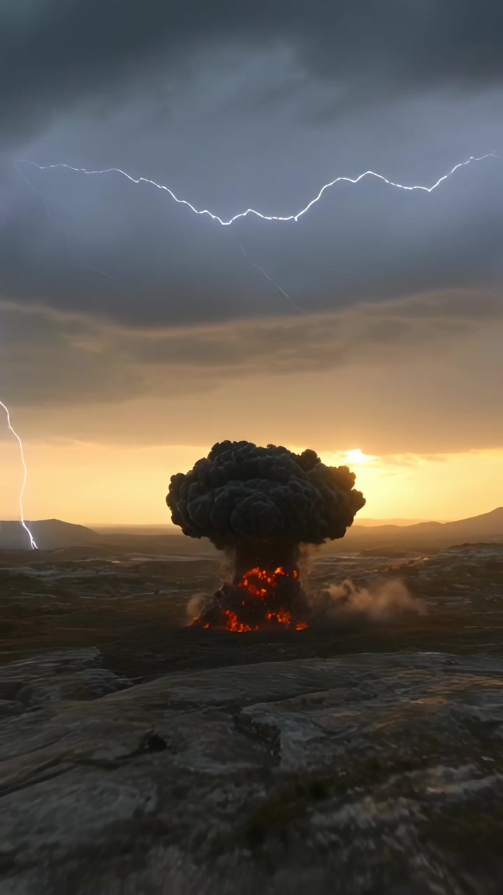 Video verticale: Nube a fungo in eruzione dopo un'esplosione che si innalza su una pianura rocciosa al tramonto, con fulmini.