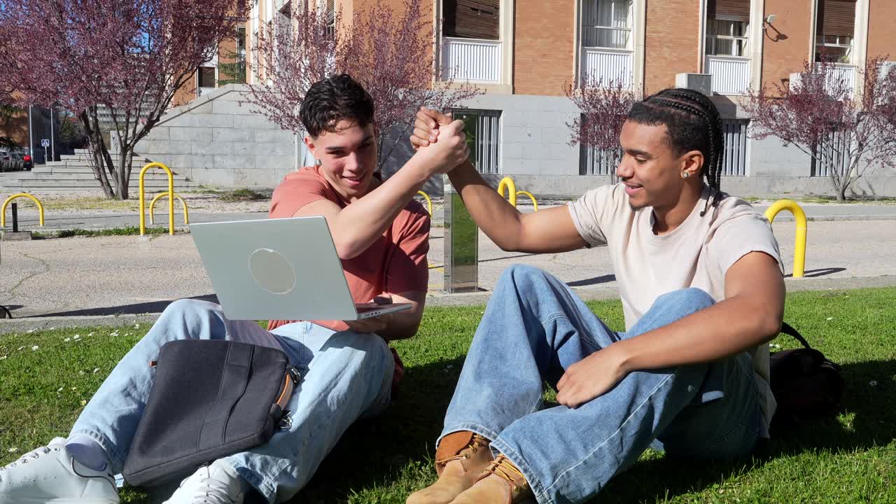 To unge menn samarbeider på laptop utendørs på campus