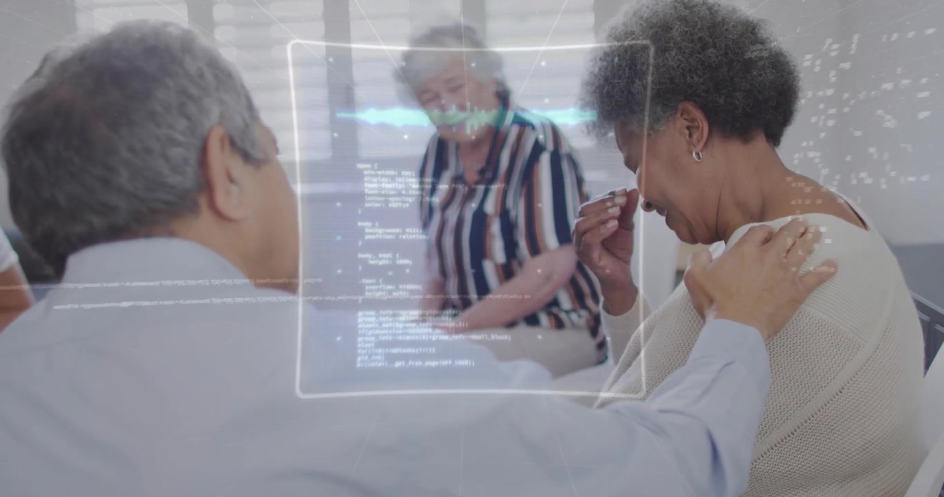 Senior man reaching, comforting woman holding tissue, HUD graphics sweeping over living room care