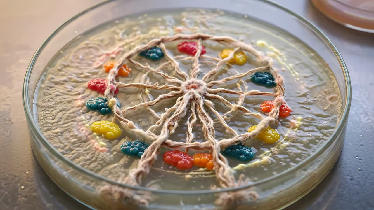 Time Lapse of Microbial Growth Forming Ferris Wheel in Petri Dish